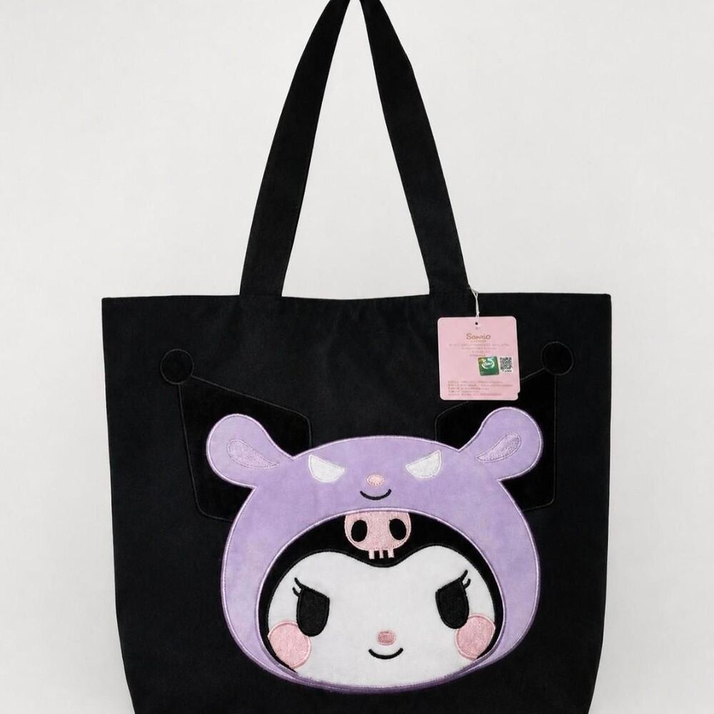 Sanrio Kuromi Canvas Plush Fuzzy Tote Bag Licensed 16"x12" NWT